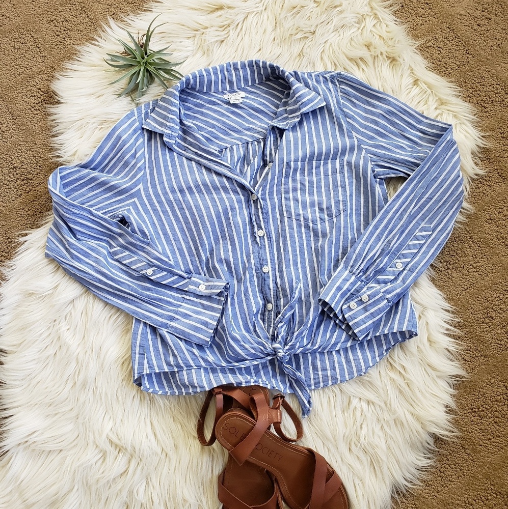 J Crew blue & white striped cropped button up S - Picture 1 of 5